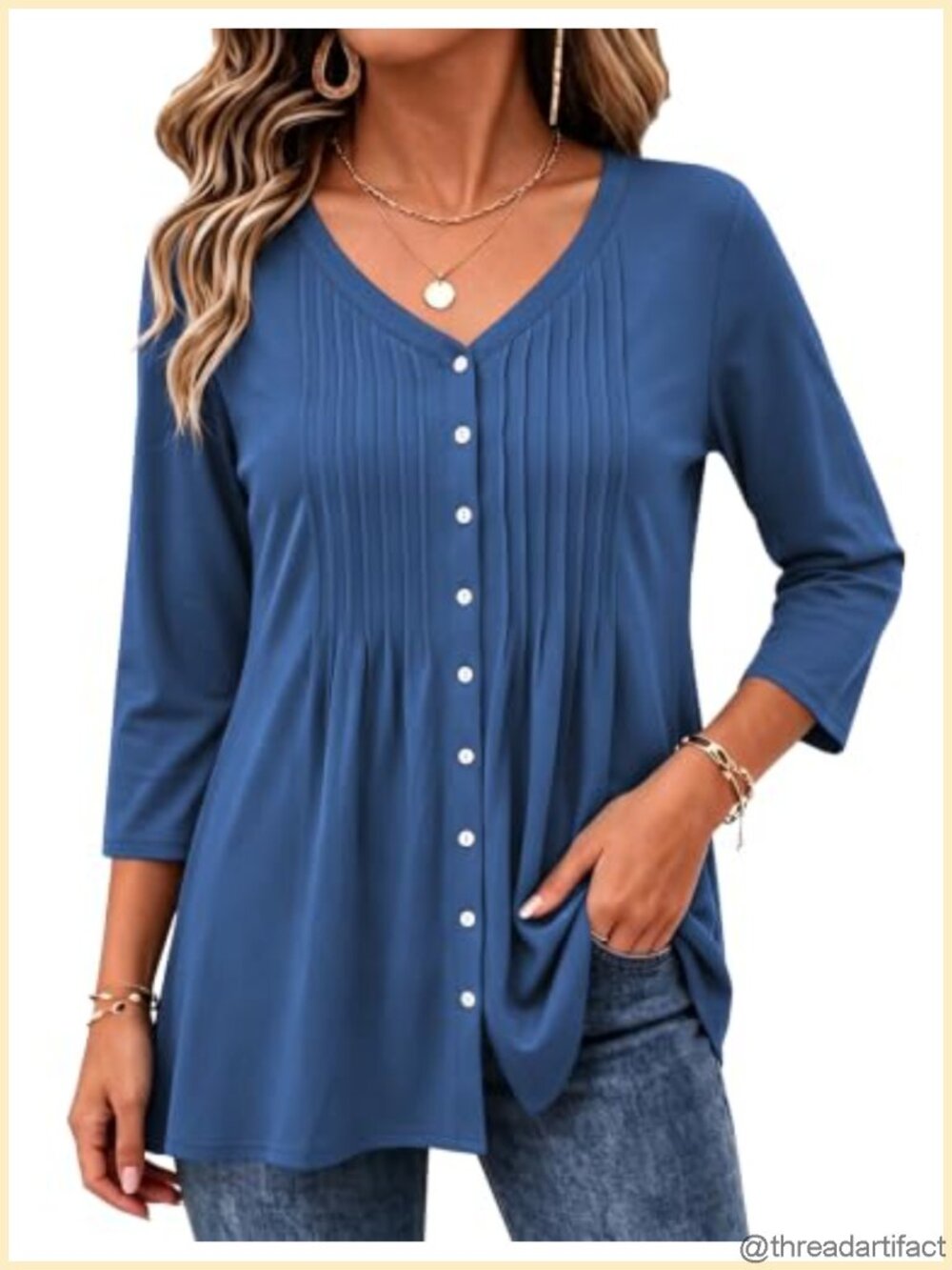 Women's 3/4 Sleeve Button Down Blouse Pleated V Neck Work Top